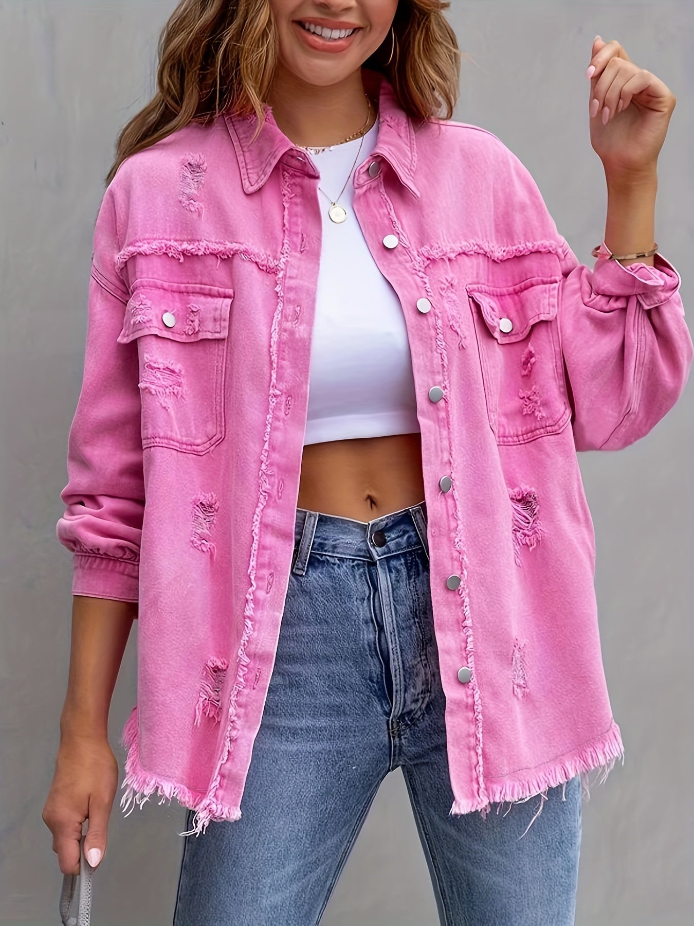 Krohn-e | Denimjacke Boho Nicht Dehnbar, Einfarbig, Knopfverschluss