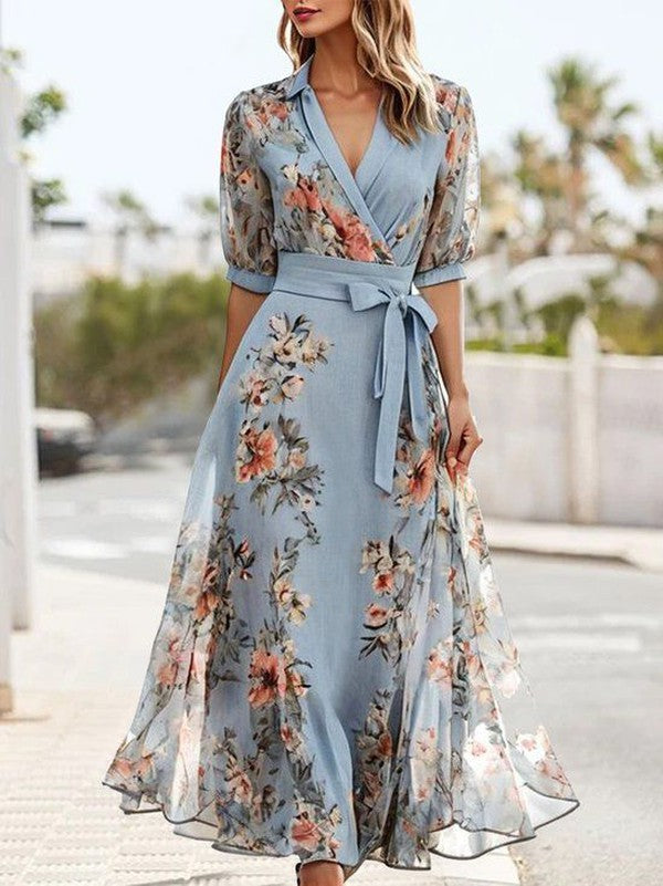 KROHN-E Damen V-Ausschnitt Midi-Kleid Fließend Blau Sommer