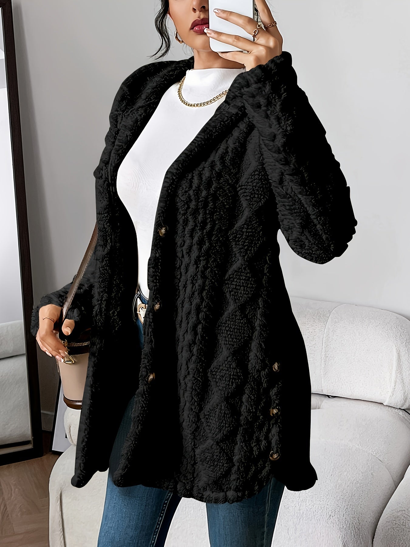 KROHN-E Damen Kapuzen-Cardigan Weich Plüsch Warm Oversized