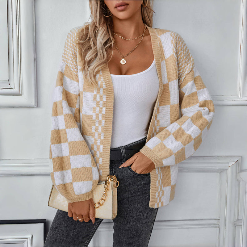 Krohn-e | Cardigan - Damen Herbst Casual Karierter Gestrickter Cardigan