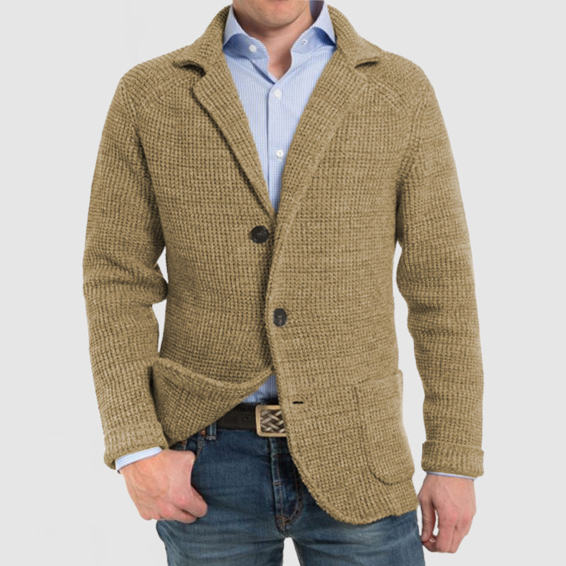 Herren-Waffelstrickjacke mit geripptem Kragen