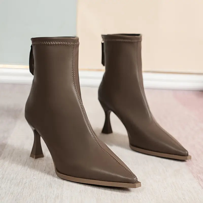 KROHN-E Damen Kitten Heel Stiefeletten Spitz Elegant Schwarz