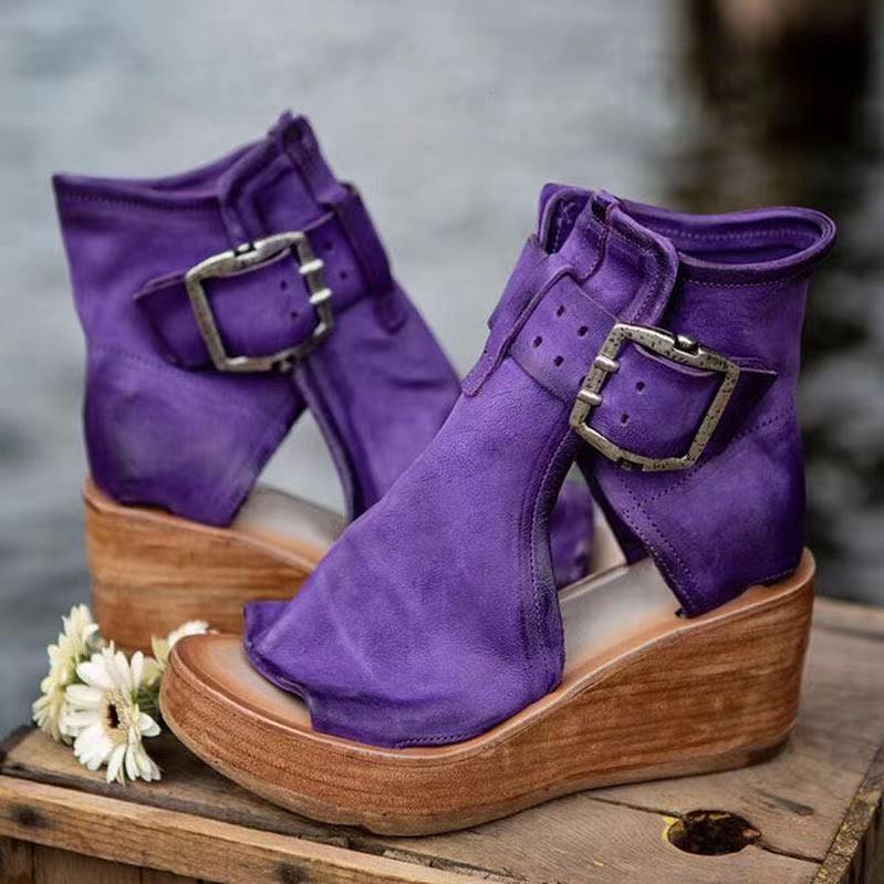 KROHN-E Damen Keilabsatz-Sandalen Boho-Stil Schnalle