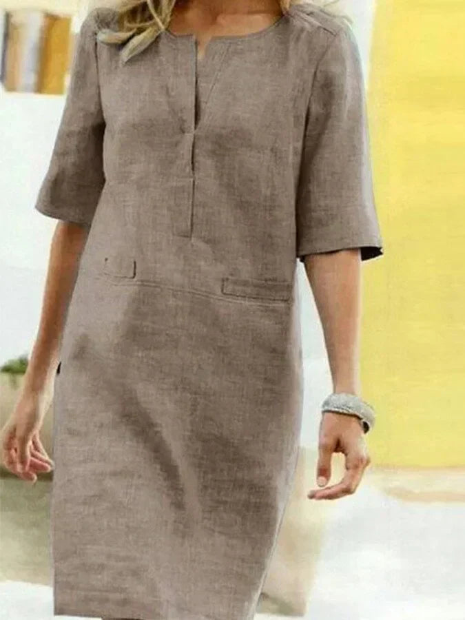 Krohn-e | Damen Kurzarm Baumwolle und Leinen Kleid