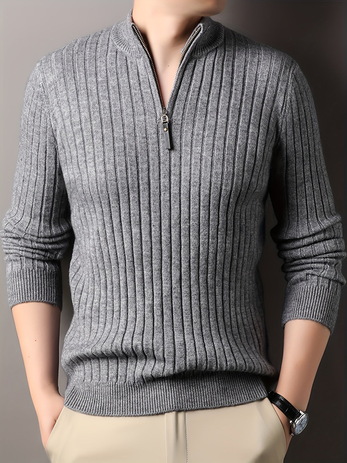 Krohn-e | Strickpullover mit Hohem Kragen und Reißverschluss Geripptes Design Weiches Material