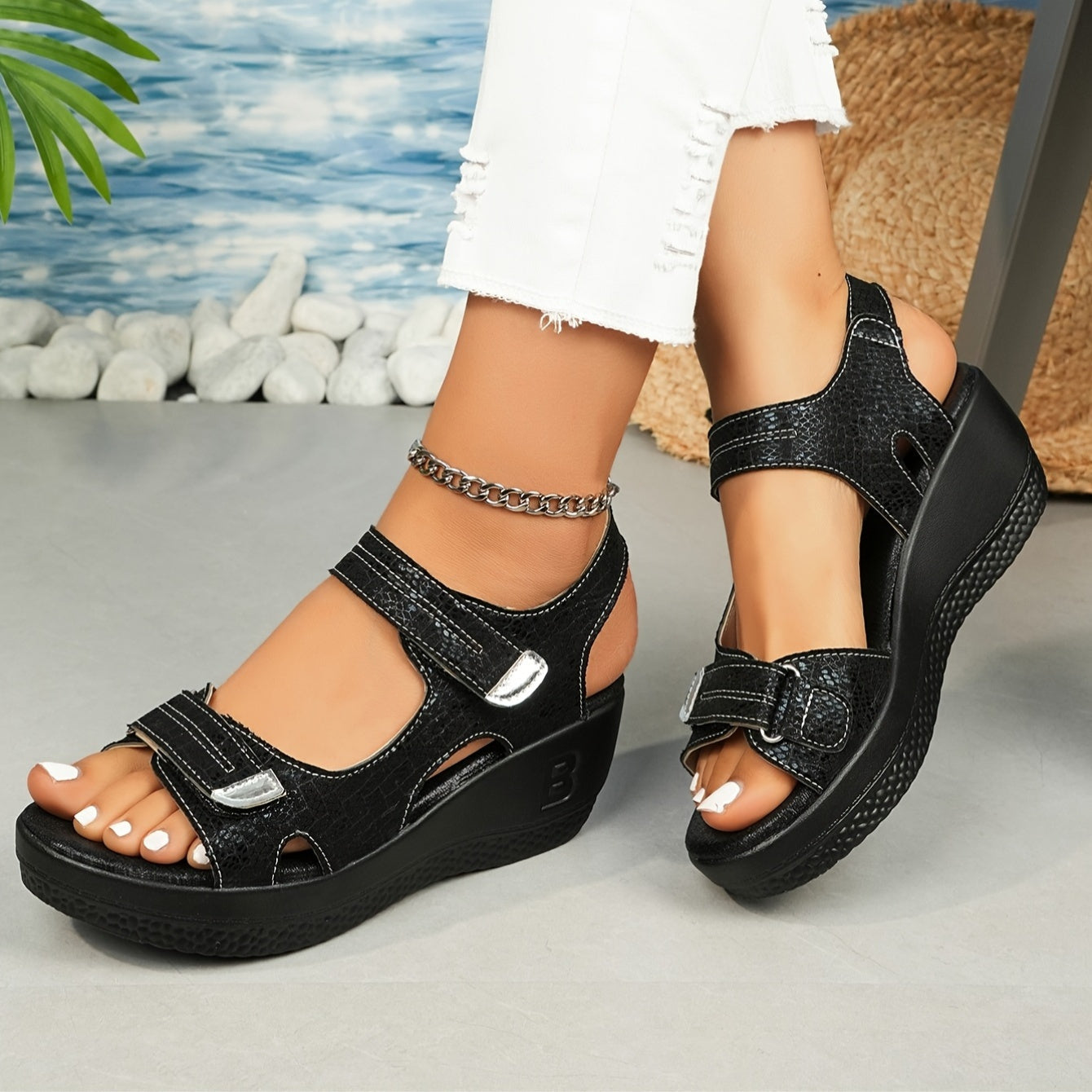 KROHN-E Damen Keilabsatz Sandalen Verstellbare Riemen Beige