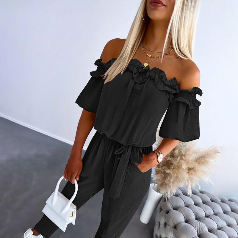 KROHN-E Damen Off-Shoulder Jumpsuit Rüschen Taillengürtel Elegant