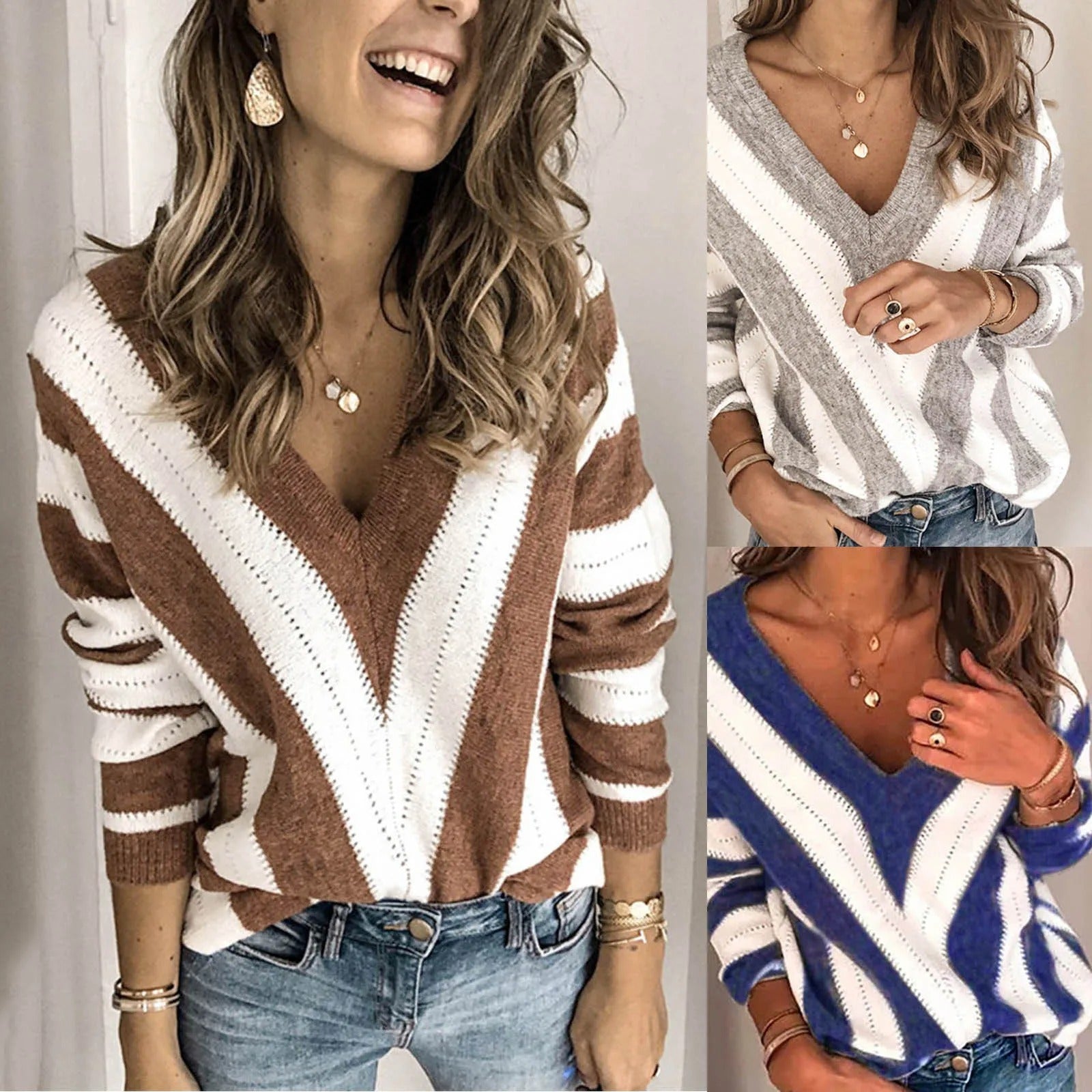 Krohn-e | Gemütlicher gestreifter Pullover mit V-Kragen für Damen