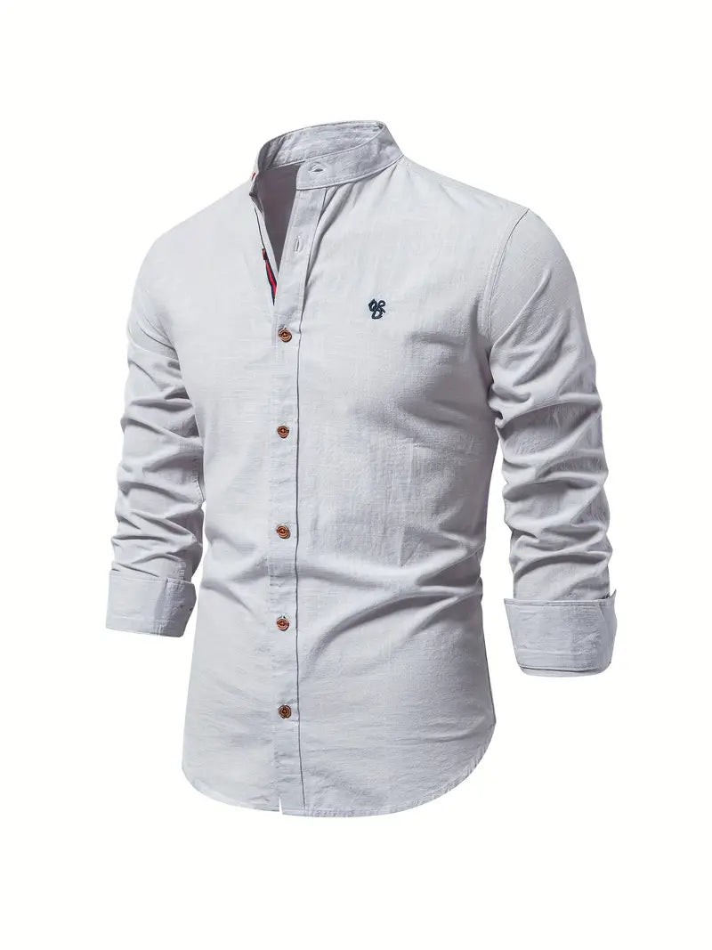 Fello | Herren Stehkragen Hemd Langarm Slim Fit Freizeithemd