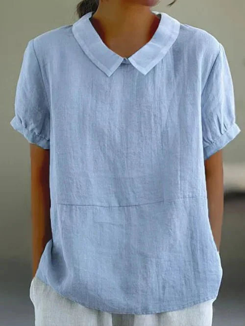 KROHN-E Damen Bluse Peter-Pan-Kragen kurzarm hellblau Leinen-Optik