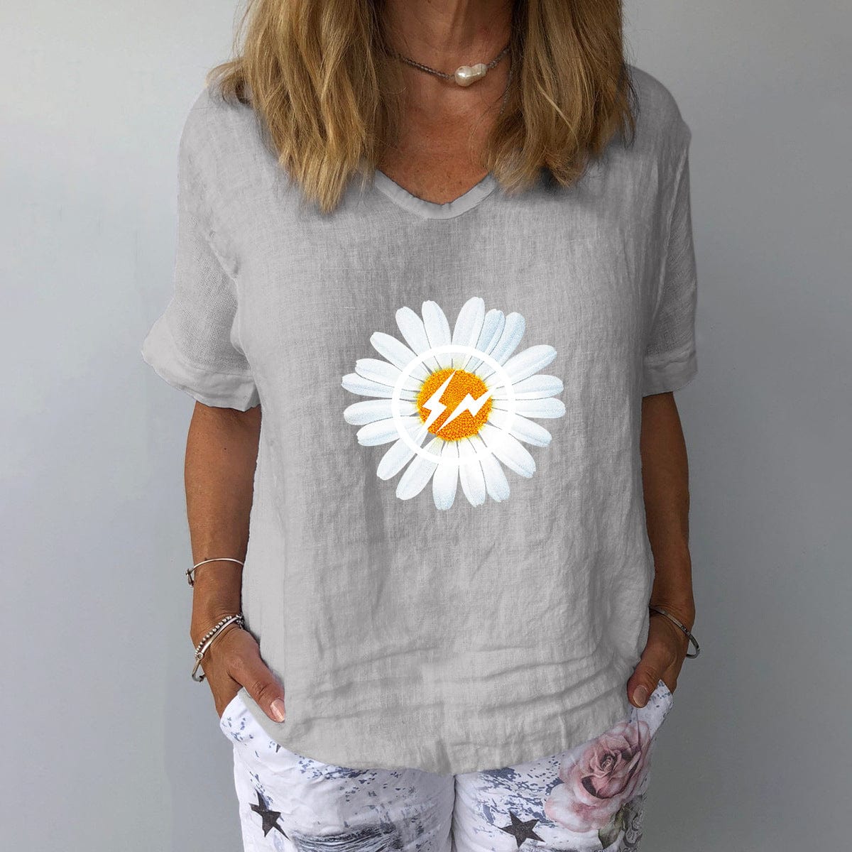 Damen Sommerbluse: Leinen Baumwolle, locker geschnitten, V-Ausschnitt, kurz - Fudus