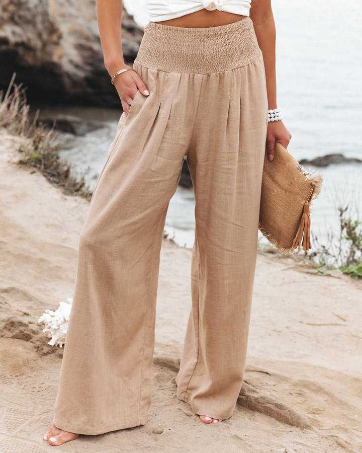 KROHN-E Damen Strandhose weit fließend beige leicht
