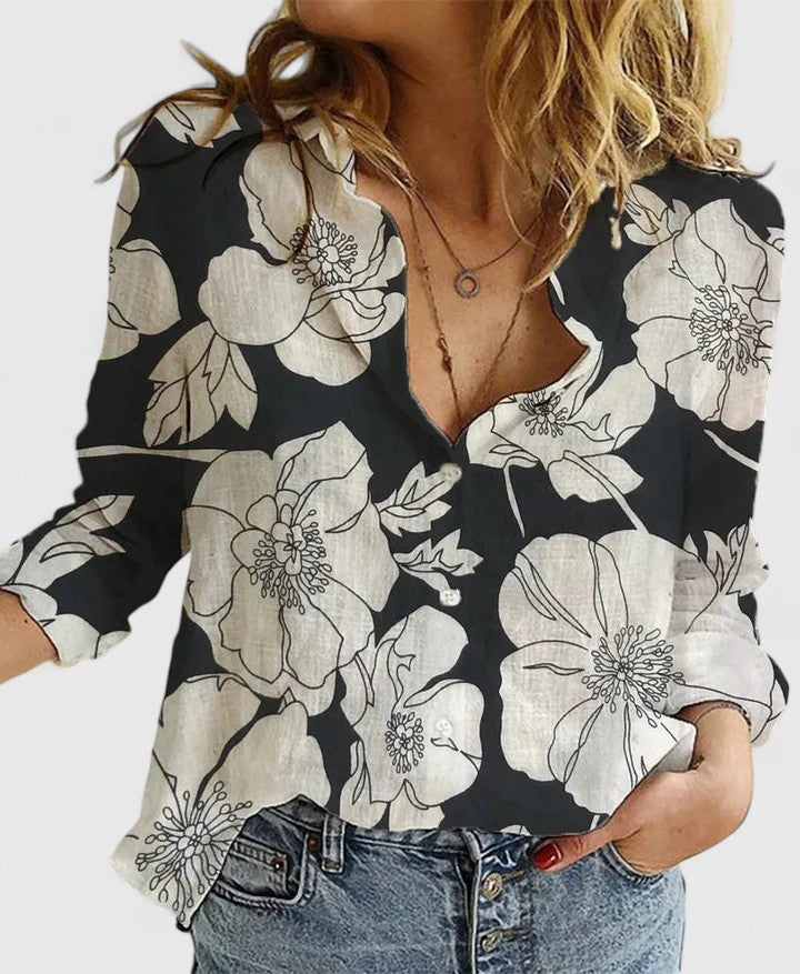 KROHN-E Damen Button-Down Bluse Leinen Wellenförmiger Reverskragen Relaxed-Fit