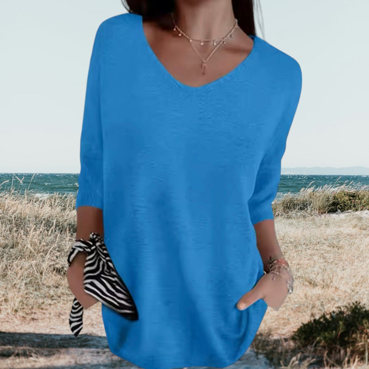 Greta | Damen pullover 3/4 Arm V-Ausschnitt Übergroß