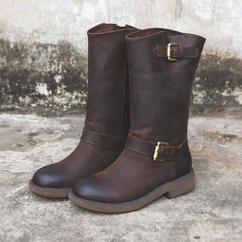 KROHN-E Damen Stiefeletten Schnallen Design Braun Herbst