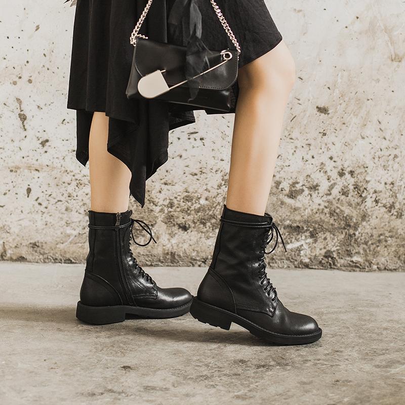 KROHN-E Damen Ankle Boots Klassisch Schwarz Leder
