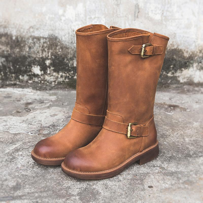 KROHN-E Damen Stiefeletten Schnallen Braun Leder
