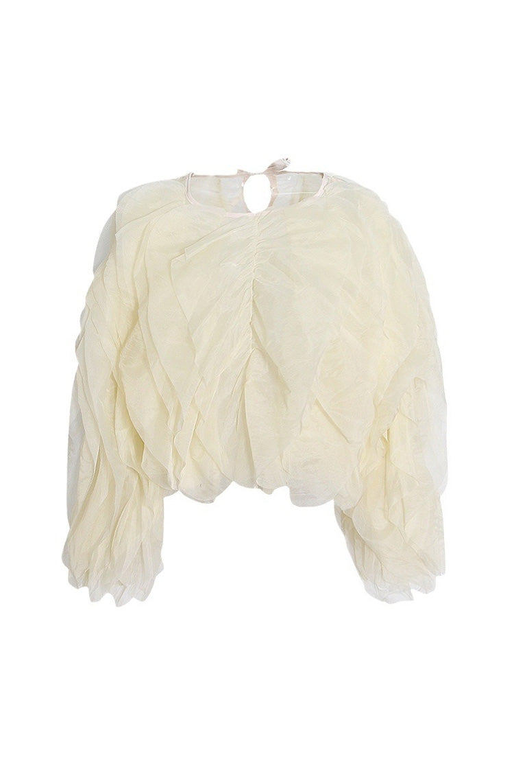 Fudus Langarm Cropped Top mit Rundhalsausschnitt, Stufenrüsche, Netz-Einsatz und Krawattenrücken