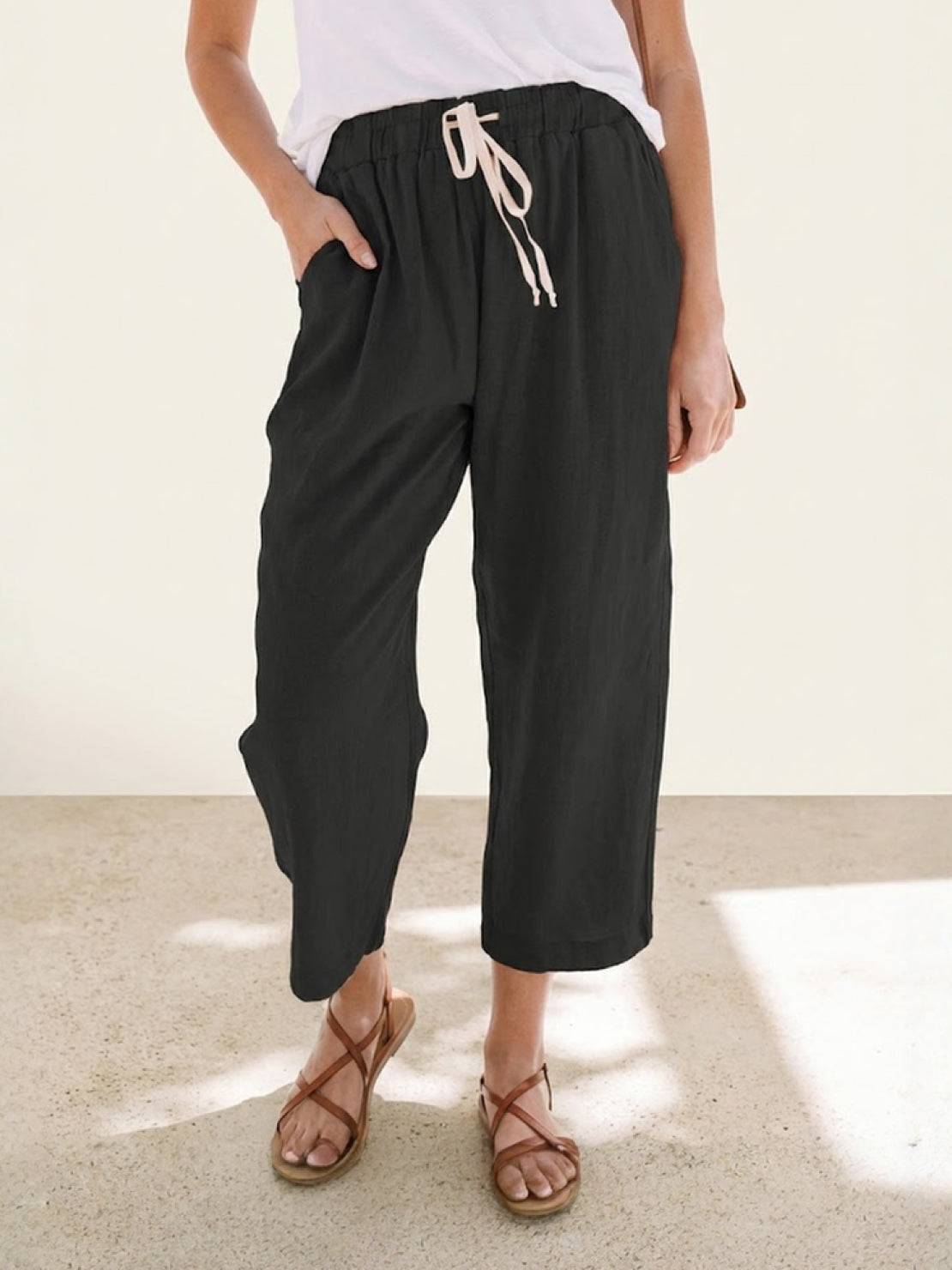 KROHN-E Damen Hose Straight-Leg Kordelzug verstellbar Leinen-Optik