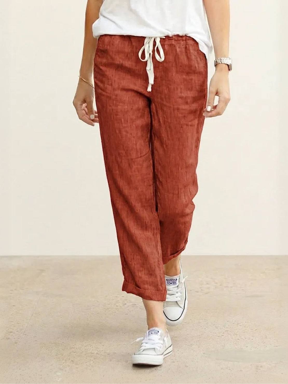 KROHN-E Damen Hose Straight-Leg Kordelzug verstellbar Leinen-Optik