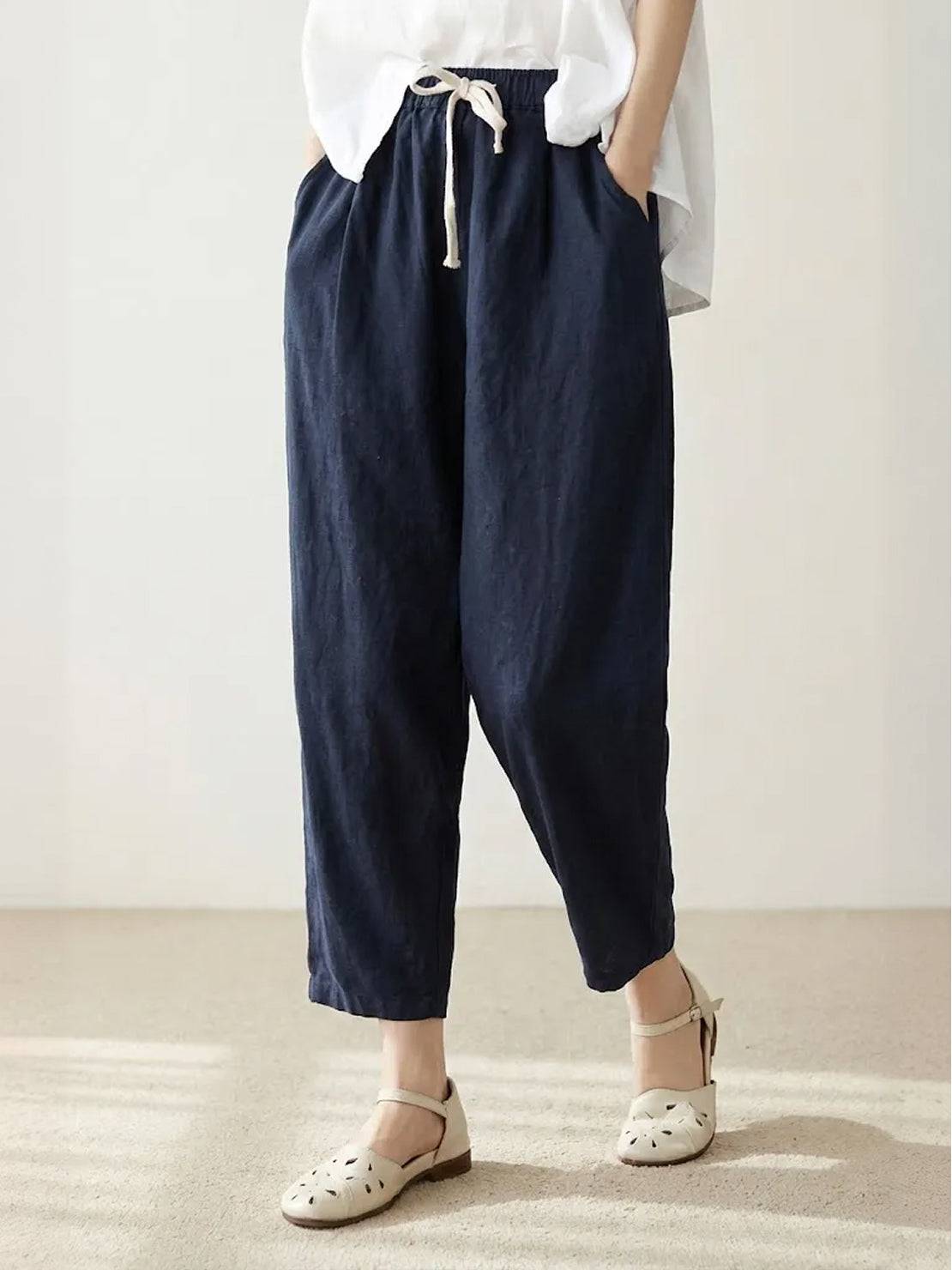 KROHN-E Damen Hose Straight-Leg Kordelzug verstellbar Leinen-Optik