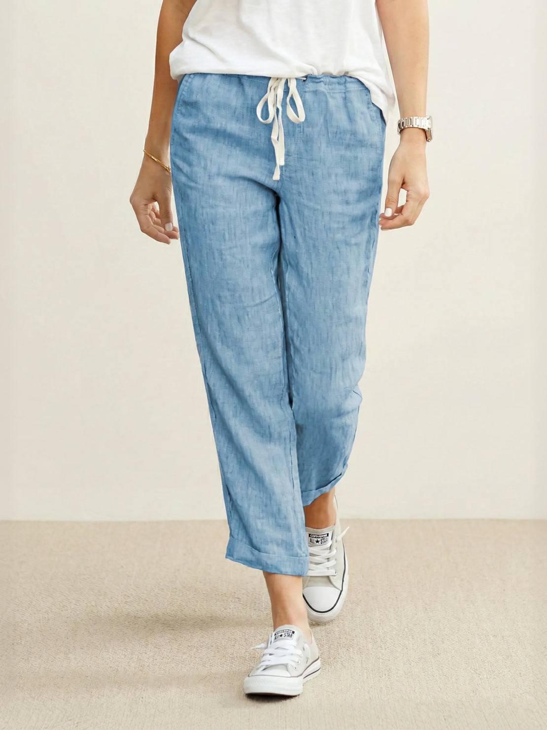 KROHN-E Damen Hose Straight-Leg Kordelzug verstellbar Leinen-Optik