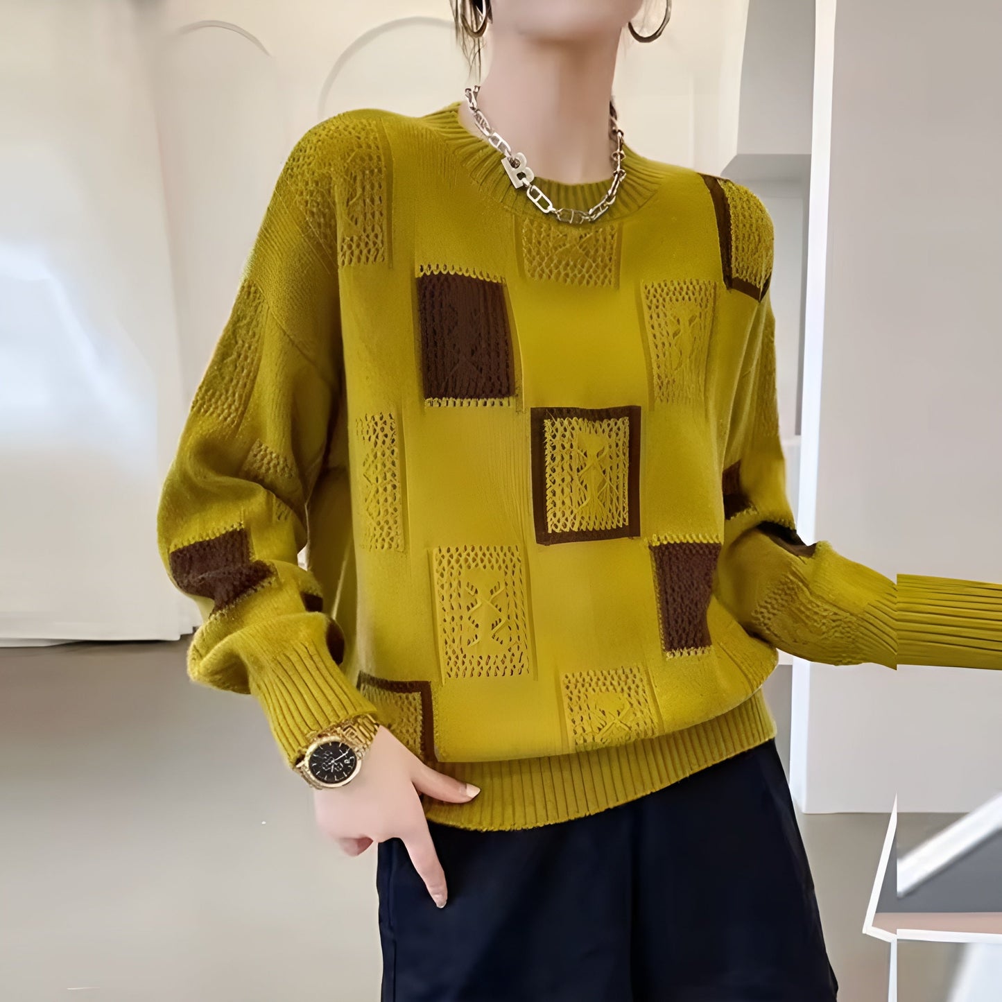 KROHN-E Damen Strickpullover Quadrat-Muster Weiche Strick Relaxed-Fit