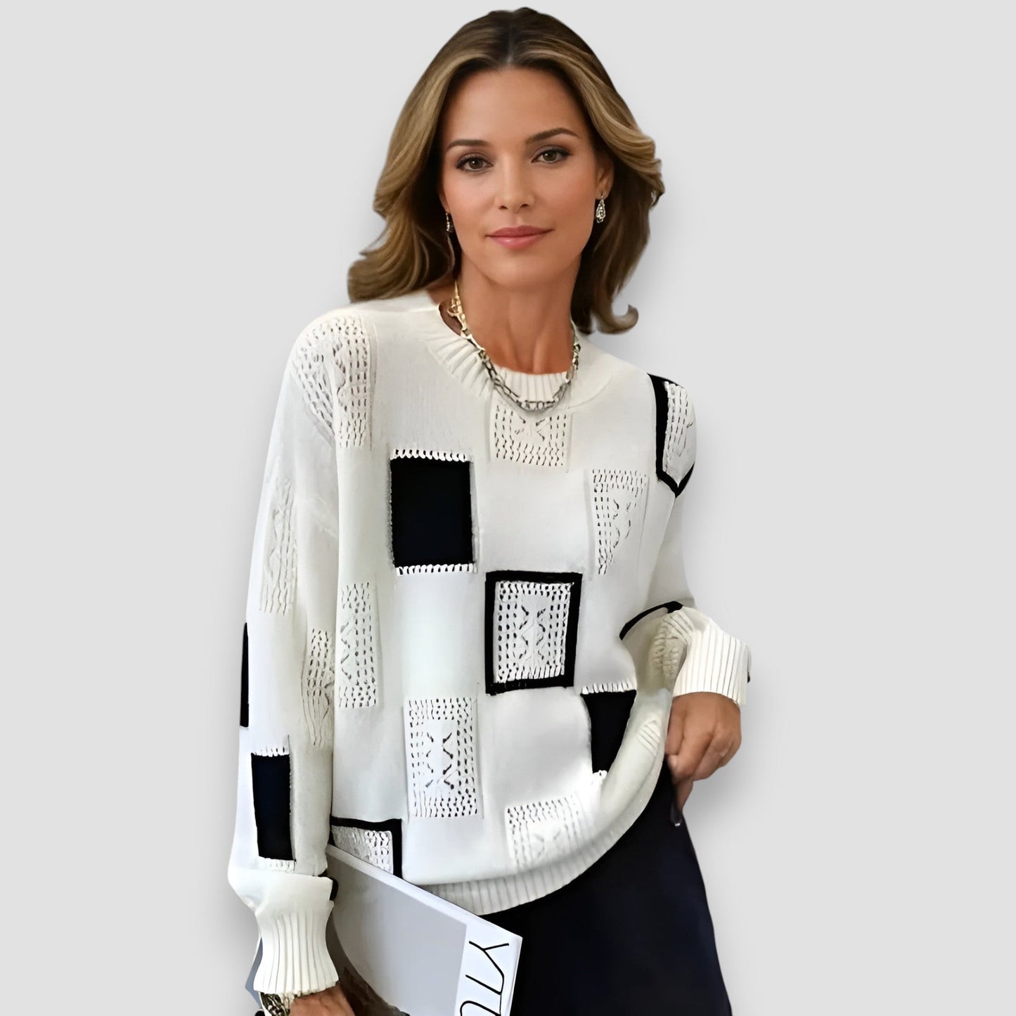 KROHN-E Damen Strickpullover Quadrat-Muster Weiche Strick