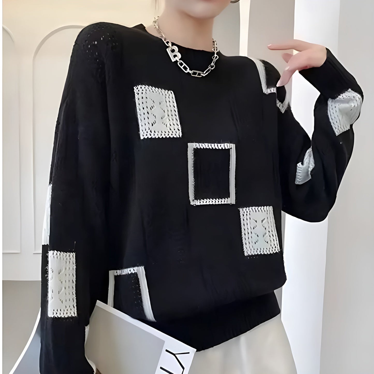 KROHN-E Damen Strickpullover Quadrat-Muster Weiche Strick Relaxed-Fit