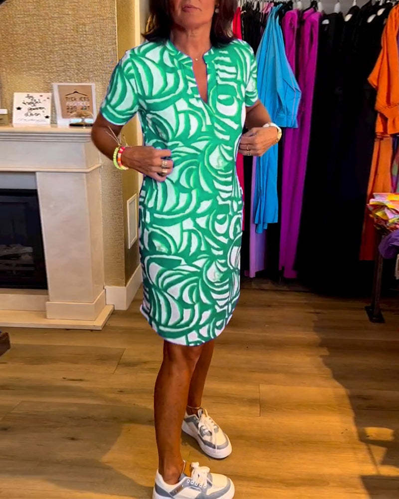 Fudus Damen-Kurzarmkleid mit V-Ausschnitt und Muster