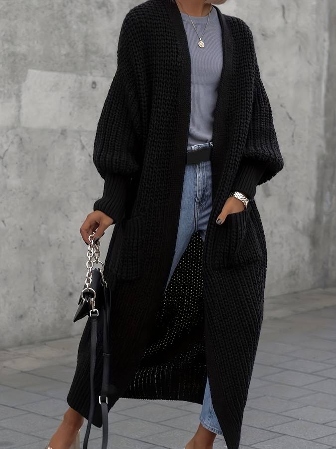 Krohn-e | Gestrickte Übergröße Schwarze Damen Lange Weste mit Taschen