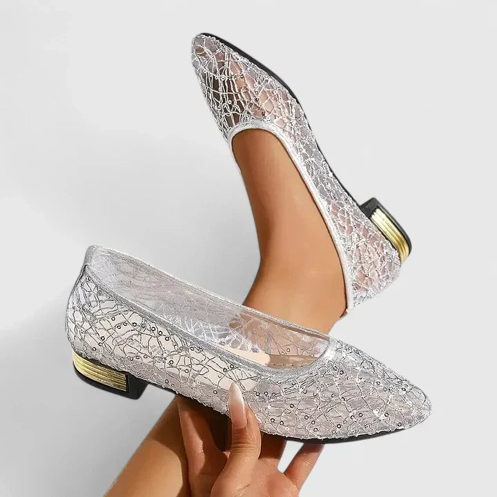 Cammy | Damen Spitze Ballerinas Silber Glitzer Flache Schuhe Elegant