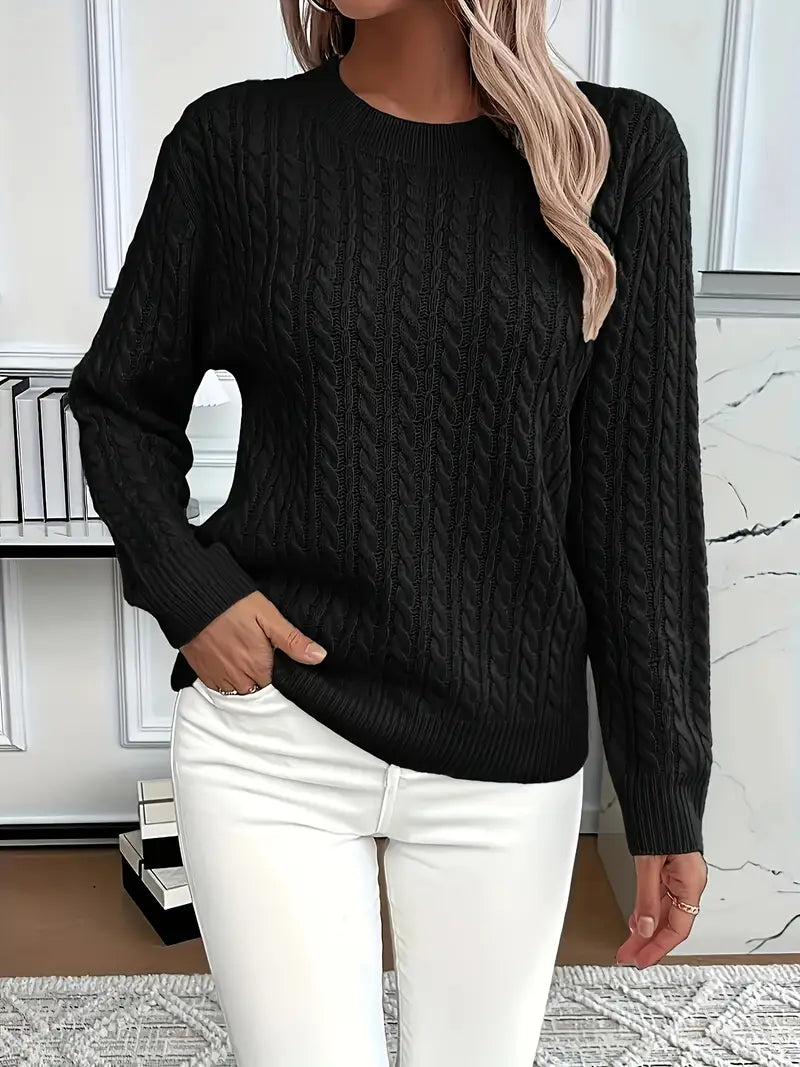 KROHN-E Damen Cable-Knit Pullover Strick Beige Relaxed-Fit Winter