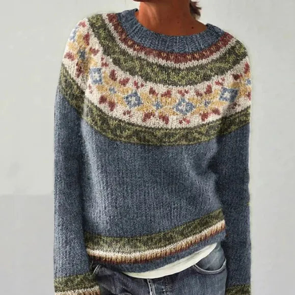 KROHN-E Damen Strickpullover Nordic Muster Baumwolle Oversize