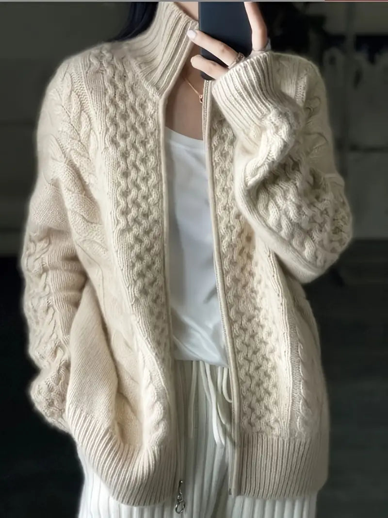 Krohn-e | Strickjacke - Reißverschluss - Hoher Kragen - Kabelstrick - Lockere Passform