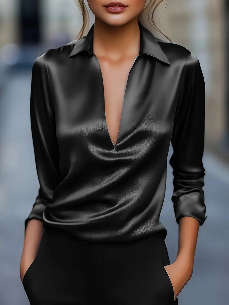 Stella | Damen Satin Bluse Langarm V-Ausschnitt Elegant