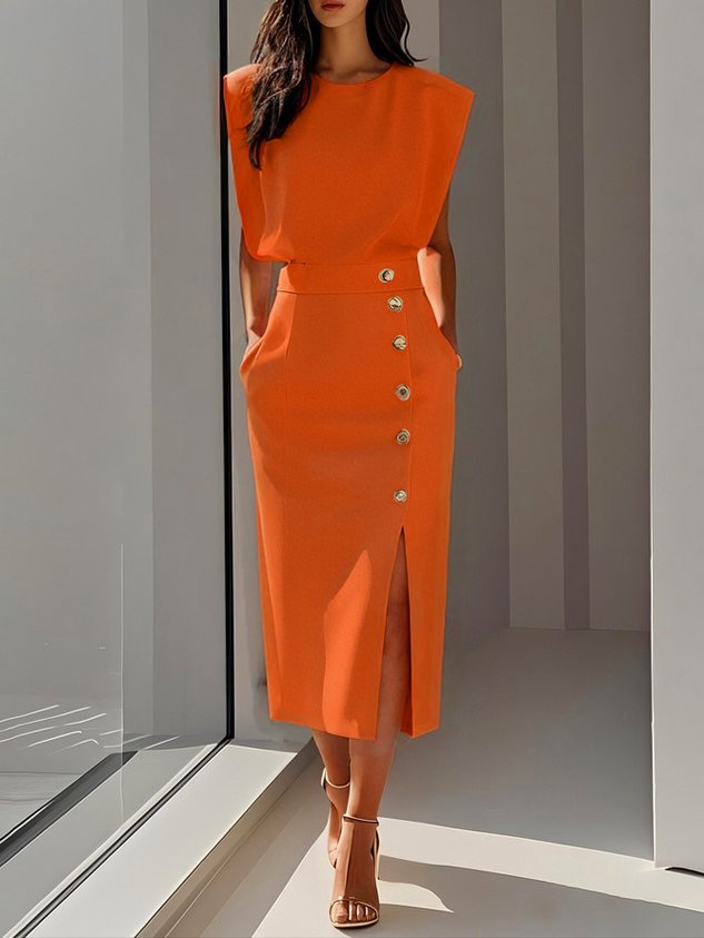 KROHN-E Damen Midi-Kleid Entspannter Schnitt Knopfdetail Vielseitig