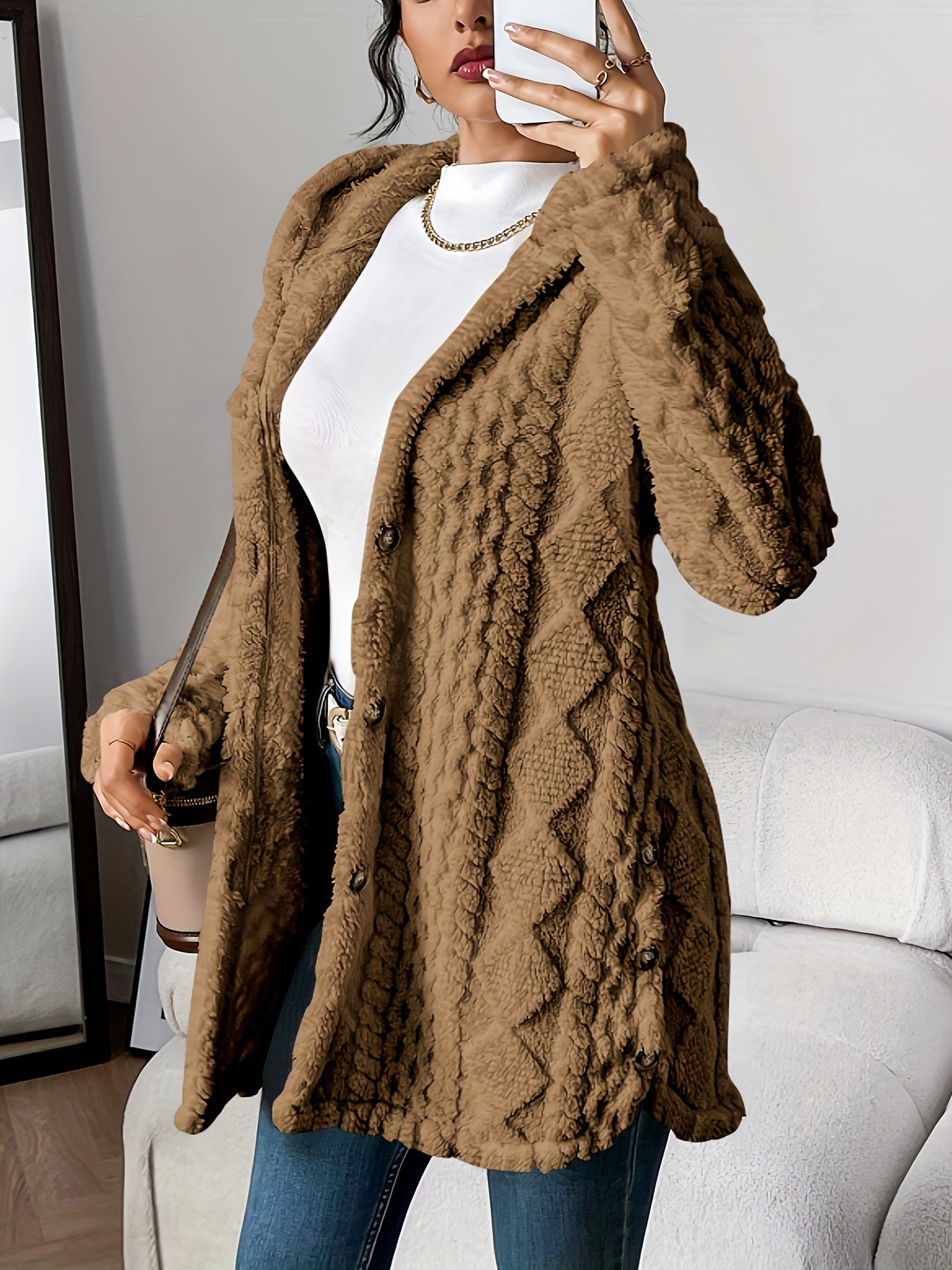 KROHN-E Damen Kapuzen-Cardigan Weich Plüsch Warm Oversized