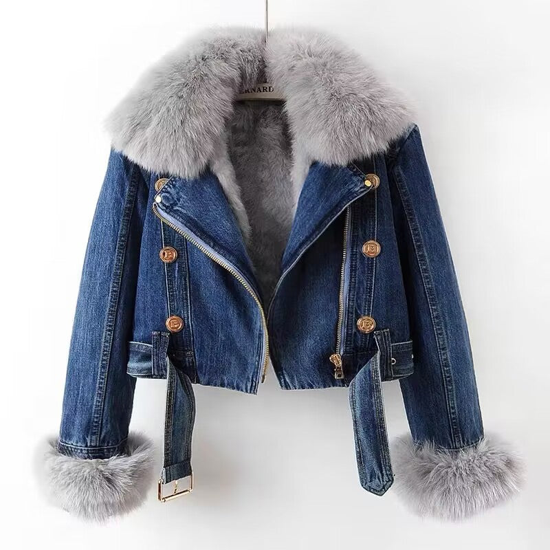 Krohn-e | Denim-Motojacke mit Kunstpelz