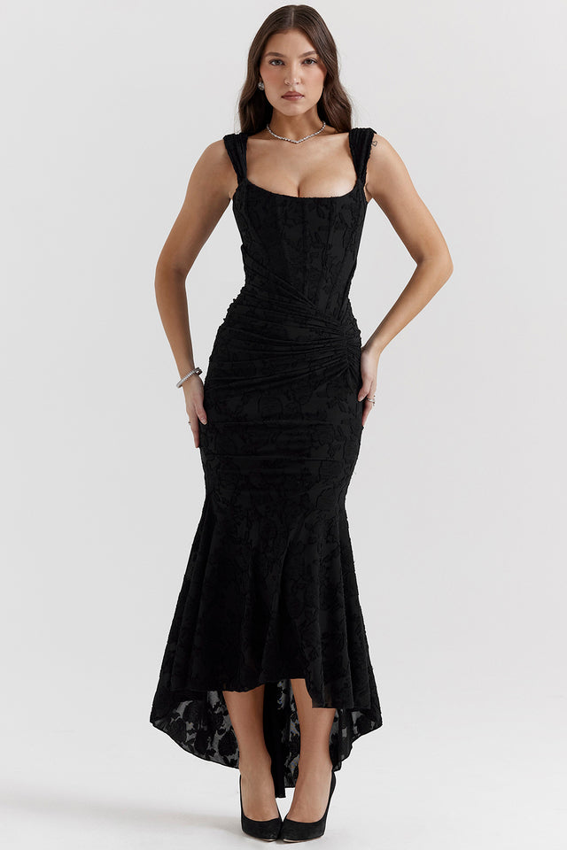 KROHN-E Damen Abendkleid Spitzen-Details Raffung Elegant