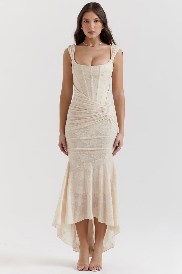 KROHN-E Damen Abendkleid Spitzen-Details Raffung Elegant