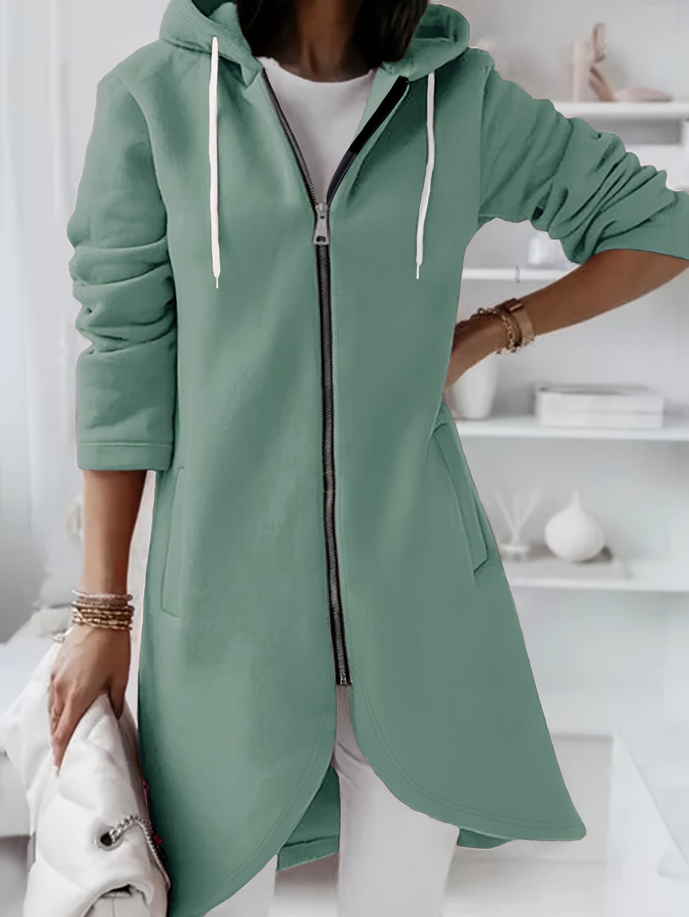 Krohn-e | Reißverschluss Kordelzug Midi Kapuzenjacke