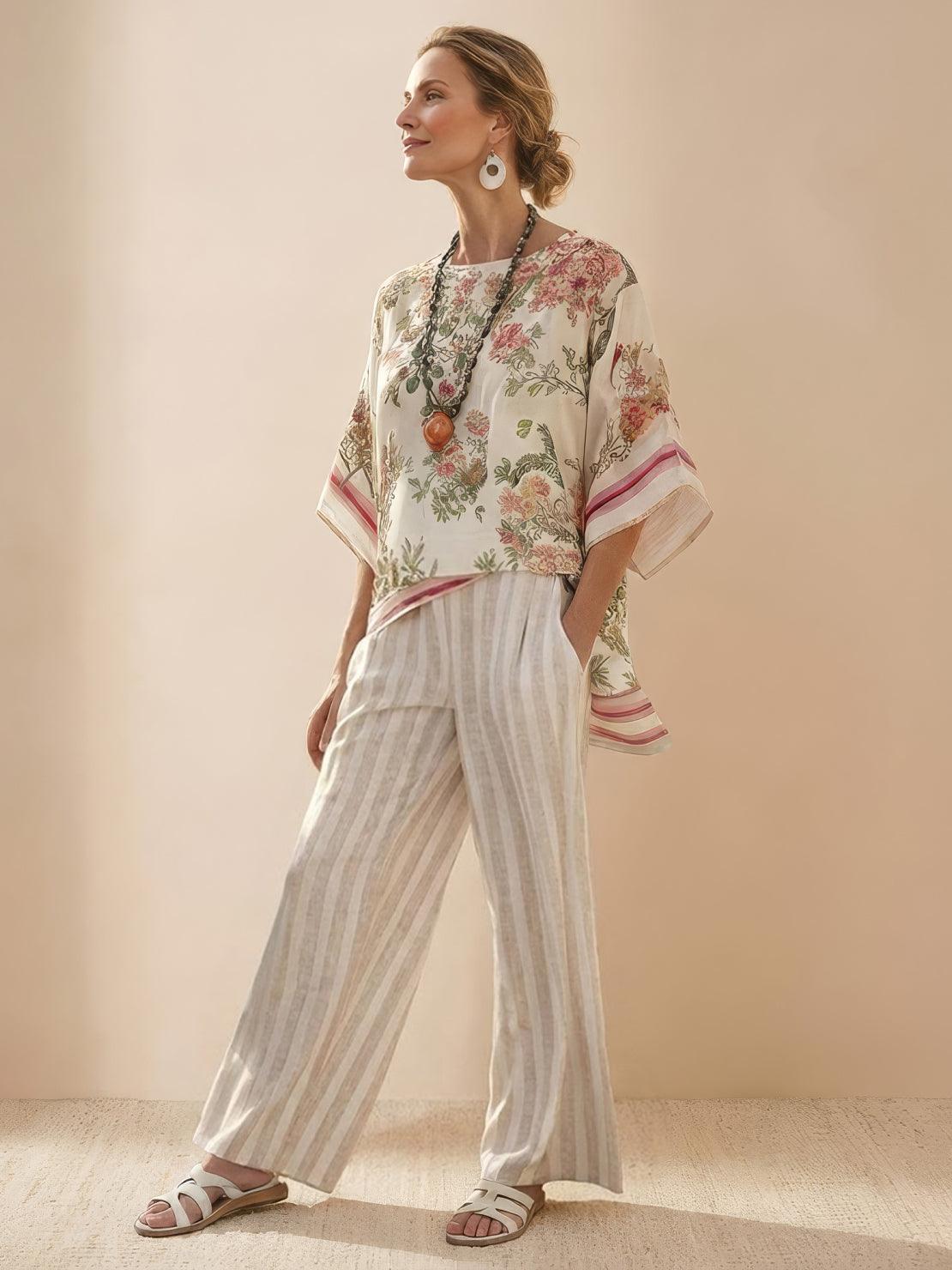KROHN-E Damen Zweiteiler Gestreift Wide-Leg Hose Oversize-Shirt