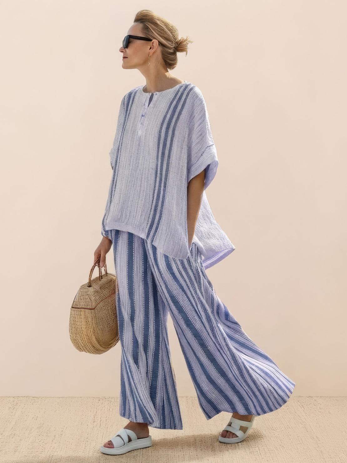 KROHN-E Damen Zweiteiler Gestreift Wide-Leg Hose Oversize-Shirt