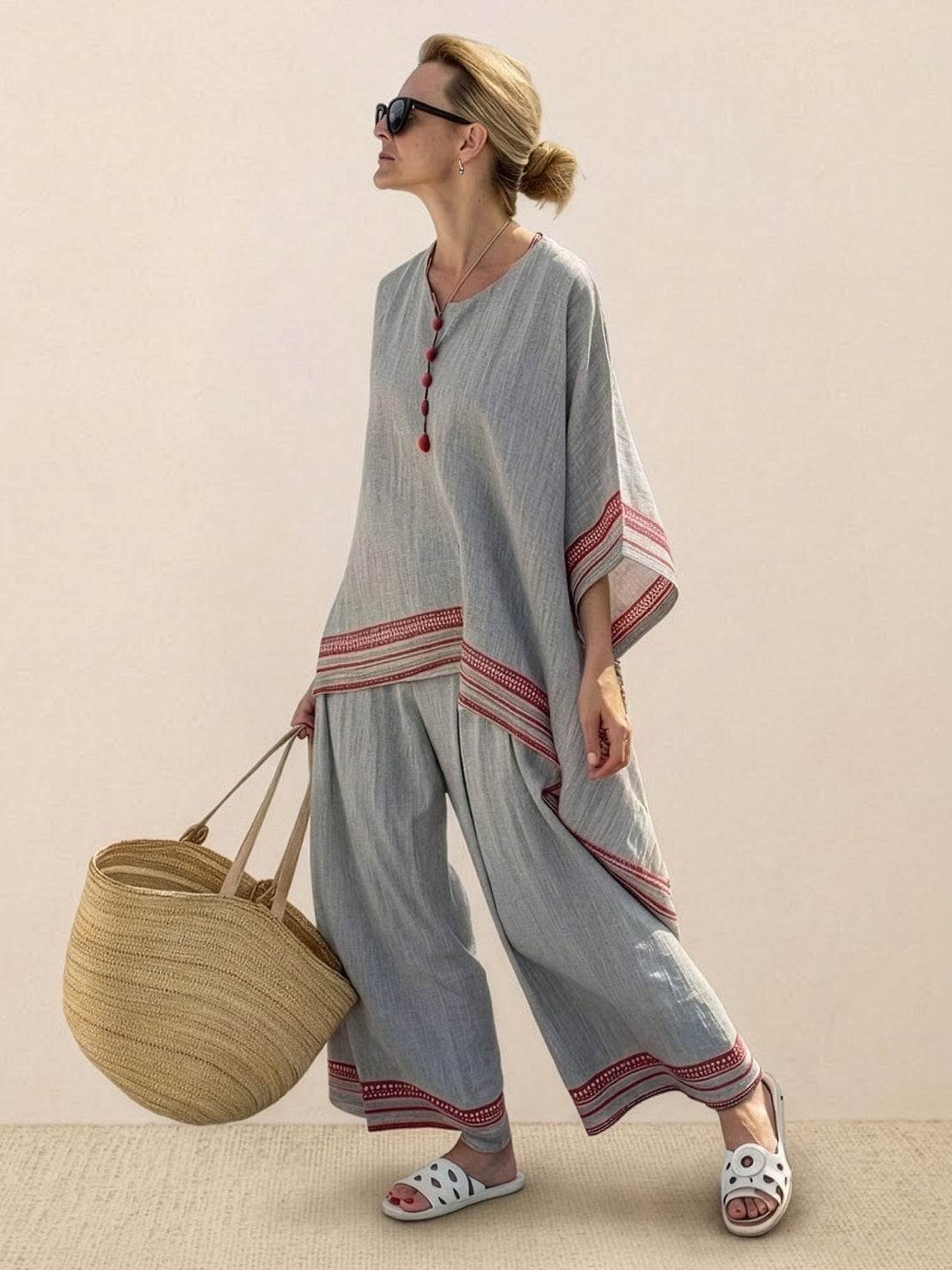 KROHN-E Damen Zweiteiler Gestreift Wide-Leg Hose Oversize-Shirt