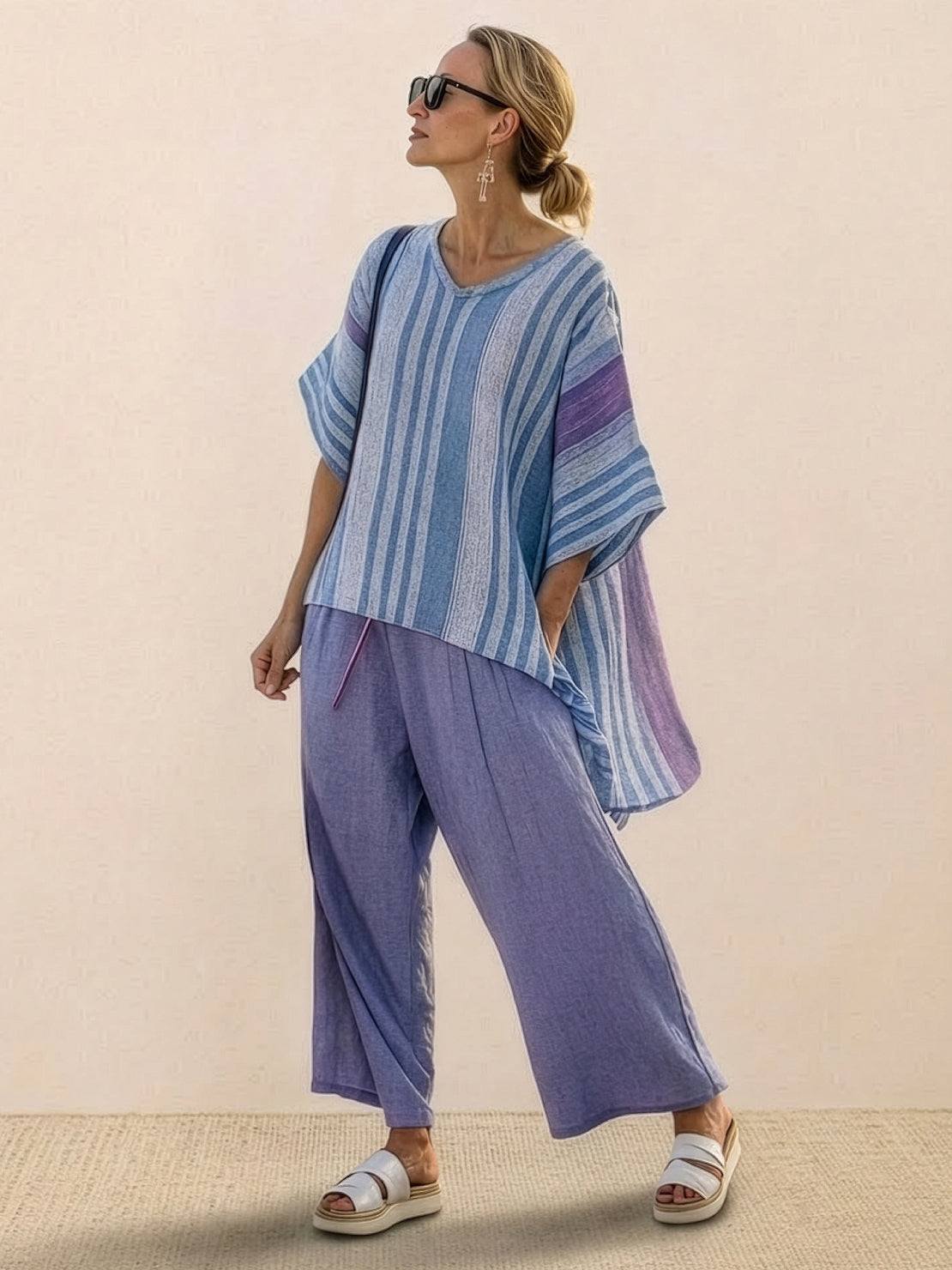KROHN-E Damen Zweiteiler Gestreift Wide-Leg Hose Oversize-Shirt