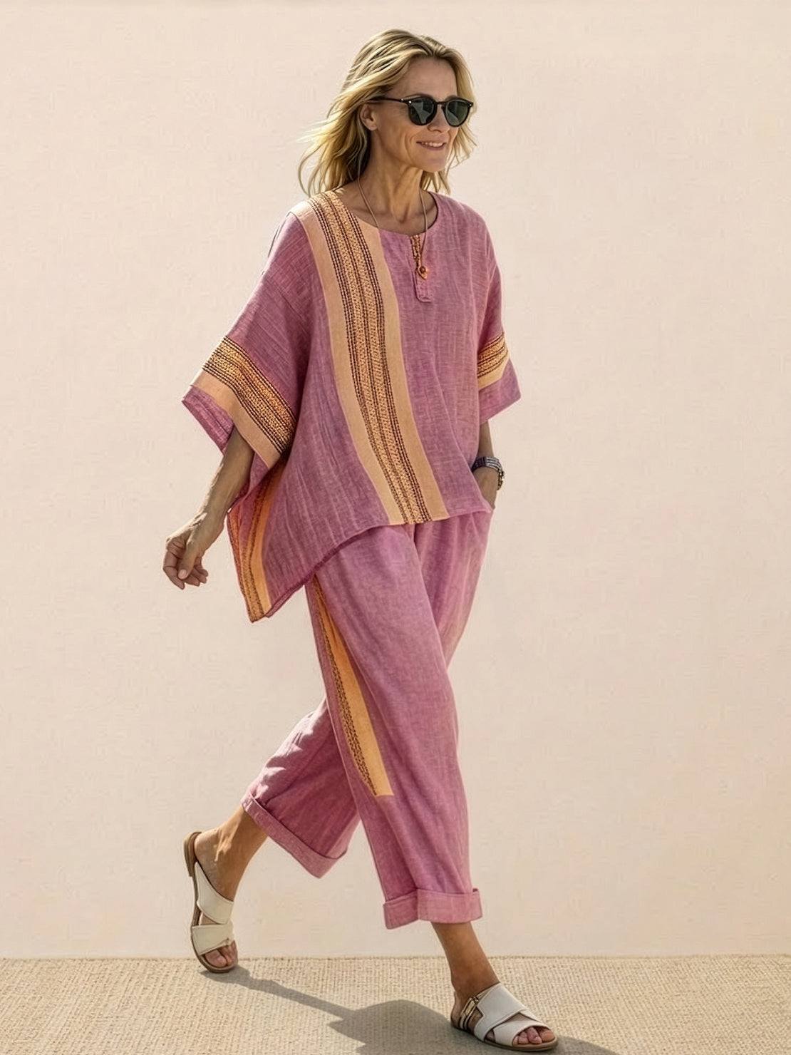 KROHN-E Damen Zweiteiler Gestreift Wide-Leg Hose Oversize-Shirt