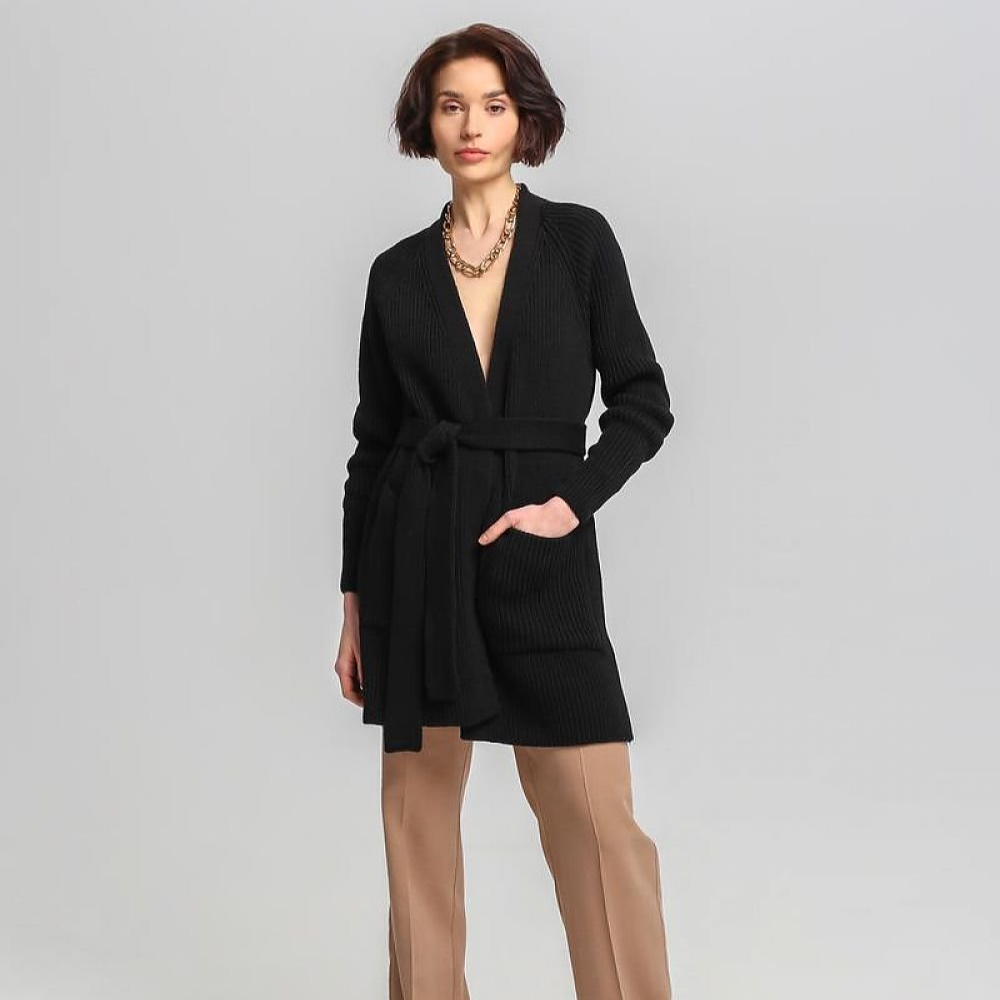 Krohn-e | Lang Rib-strickjacke Gürtel in Der Taille Elegant und Warm