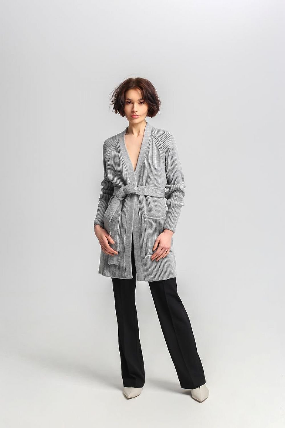 Krohn-e | Lang Rib-strickjacke Gürtel in Der Taille Elegant und Warm