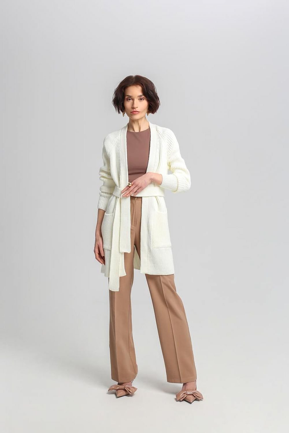 Krohn-e | Lang Rib-strickjacke Gürtel in Der Taille Elegant und Warm
